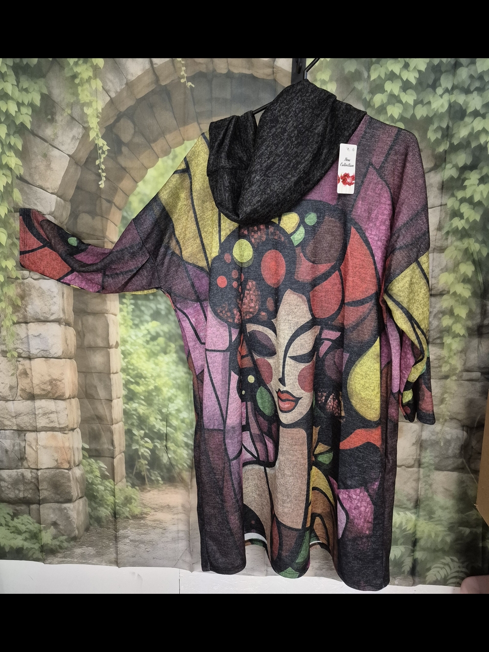 Abstract Floral Face Hooded Long Sleeve Tunic - Multicolor